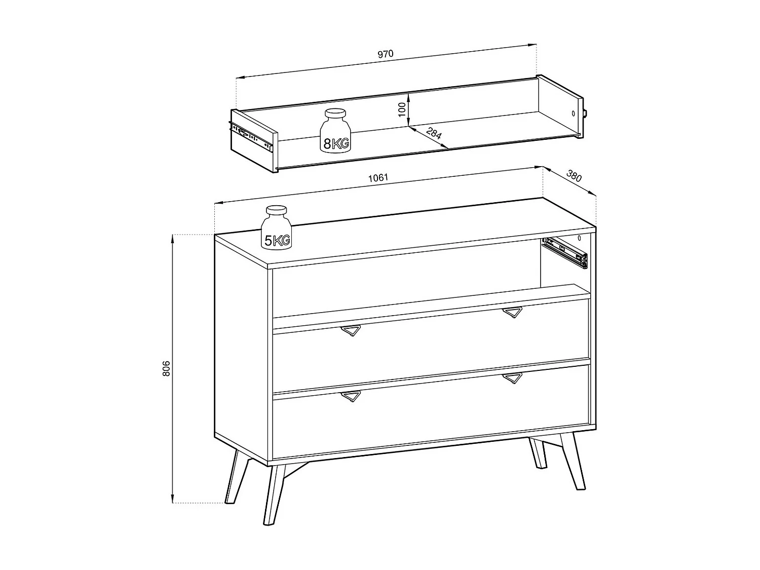 Commode 100 cm Wood - Dressoir met 3 lades, modern, boho-stijl, Eucalyptus