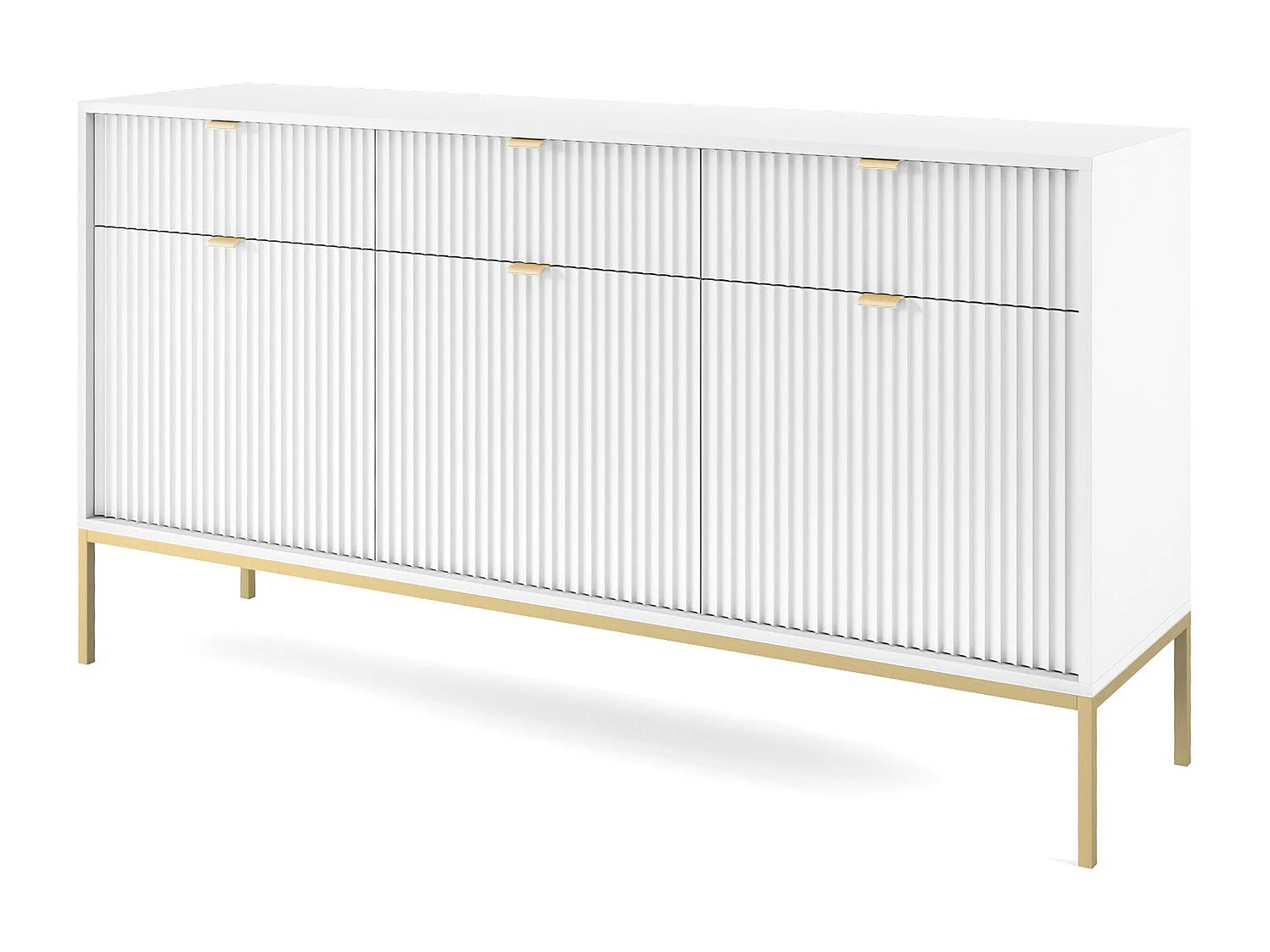 Commode 150 cm Galla à 3 portes, tiroirs, style moderne, Blanc + Or
