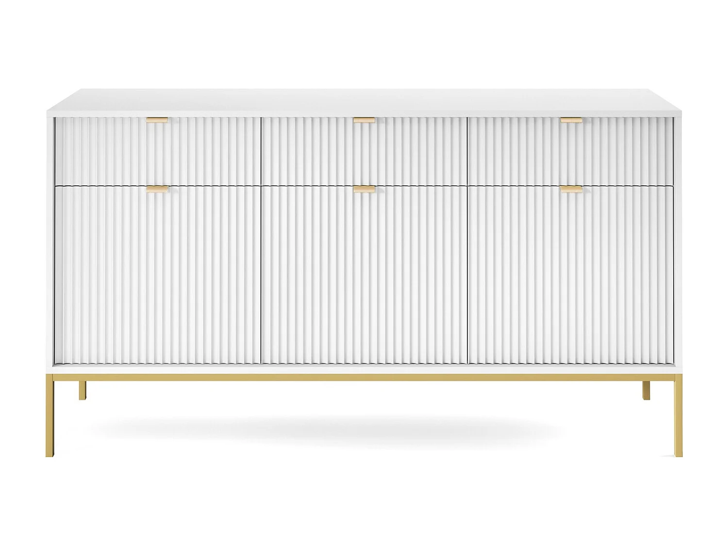 Commode 150 cm Galla à 3 portes, tiroirs, style moderne, Blanc + Or
