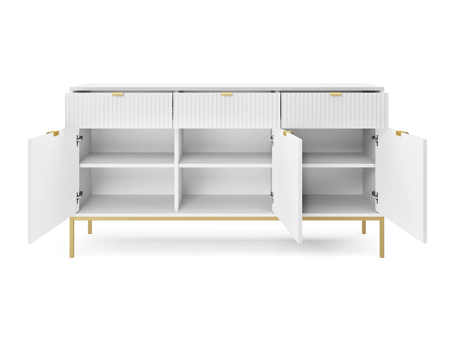 Commode 150 cm Galla à 3 portes, tiroirs, style moderne, Blanc + Or