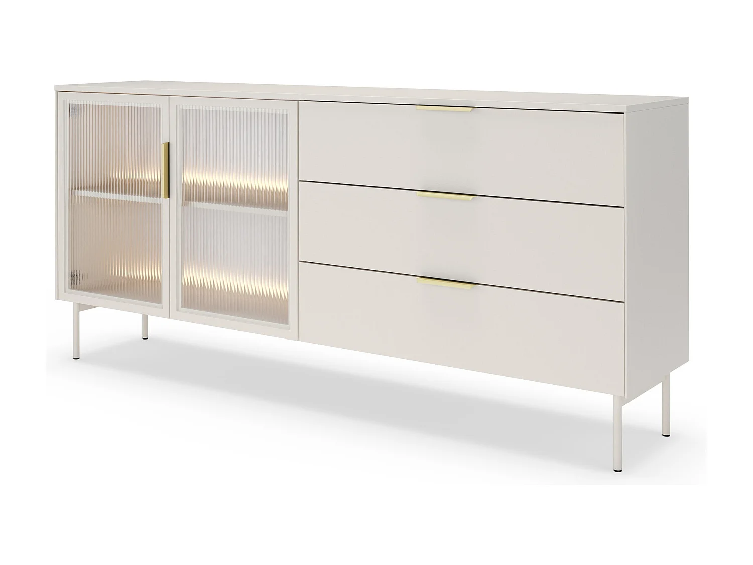 Commode 180 cm Senzia sur pieds - 3 tiroirs, 2 portes en verre, commode avec LED pour le salon - cachemire