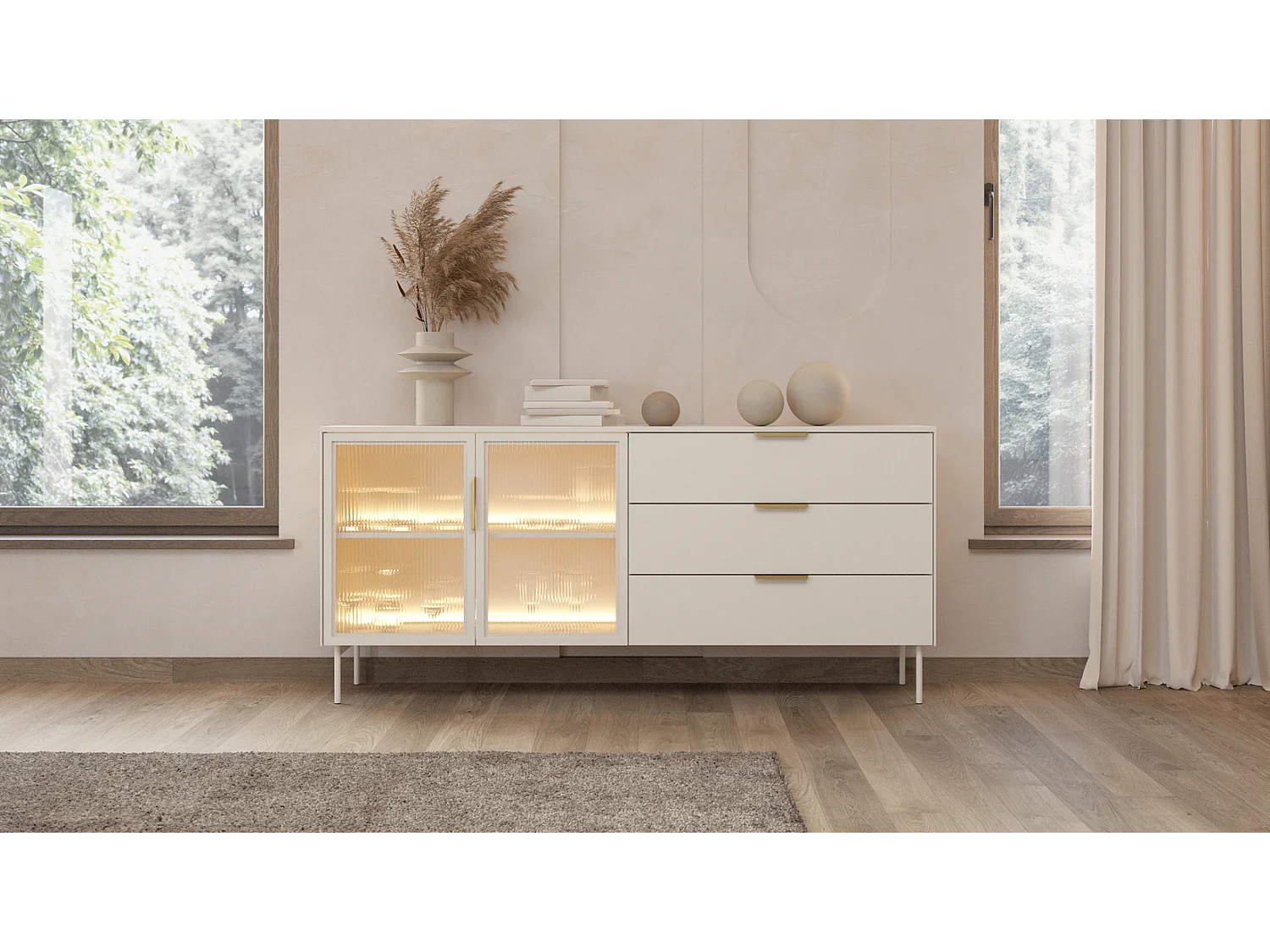 Commode 180 cm Senzia sur pieds - 3 tiroirs, 2 portes en verre, commode avec LED pour le salon - cachemire