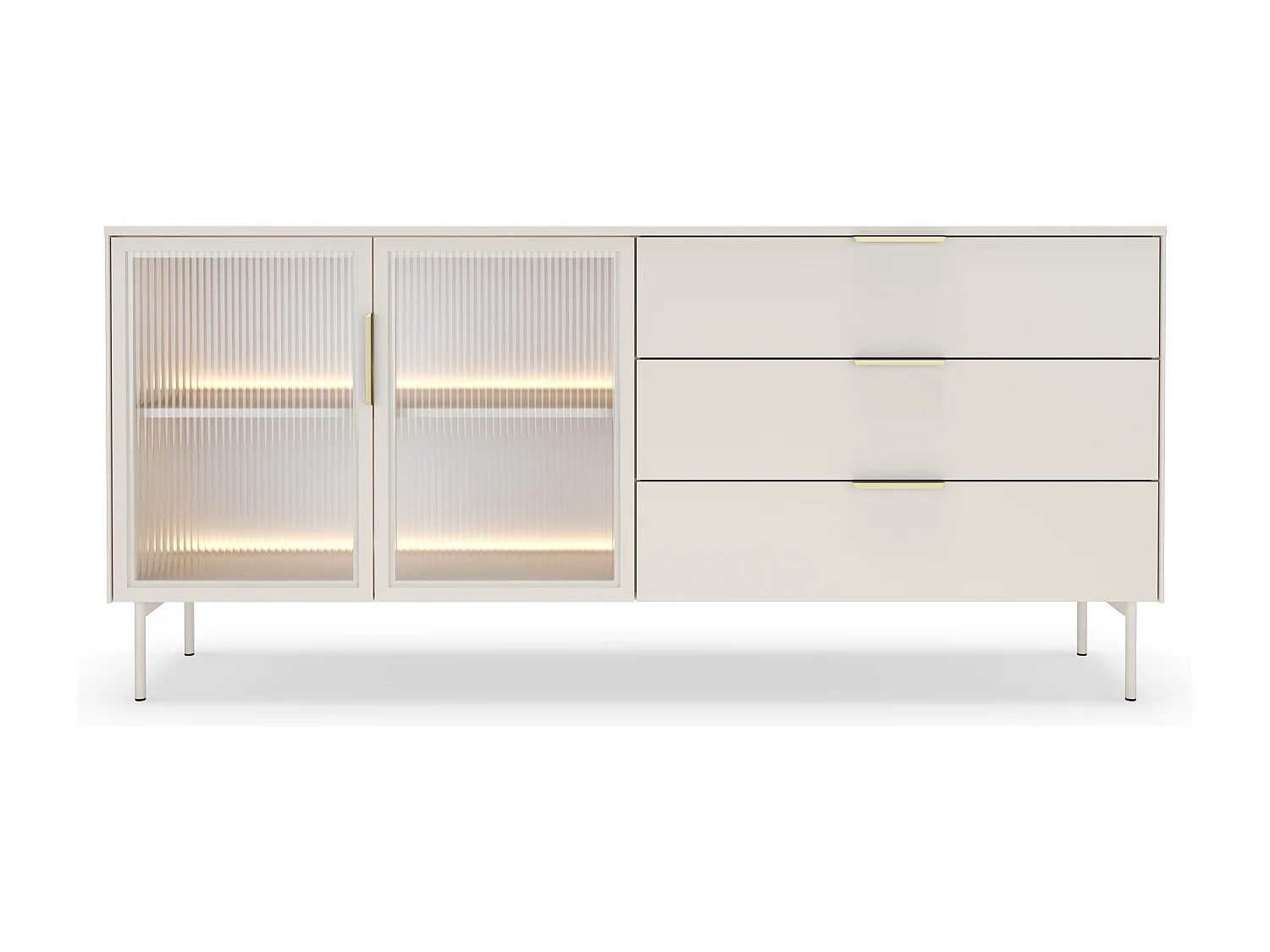 Commode 180 cm Senzia sur pieds - 3 tiroirs, 2 portes en verre, commode avec LED pour le salon - cachemire