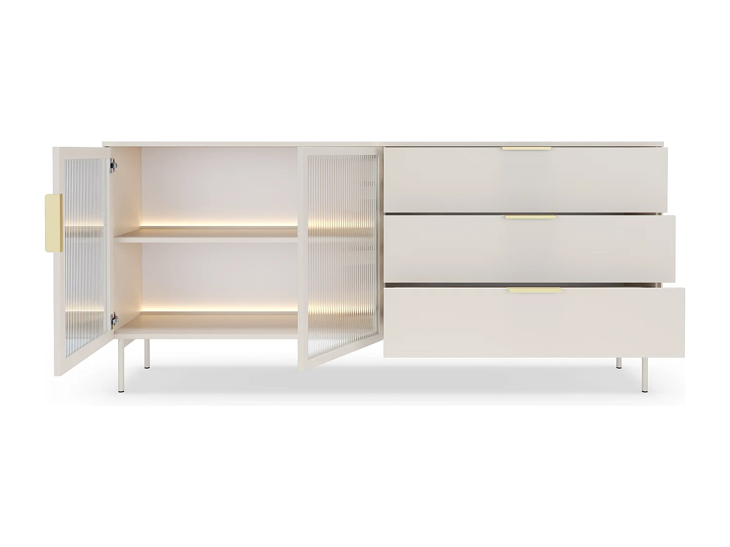 Commode 180 cm Senzia sur pieds - 3 tiroirs, 2 portes en verre, commode avec LED pour le salon - cachemire