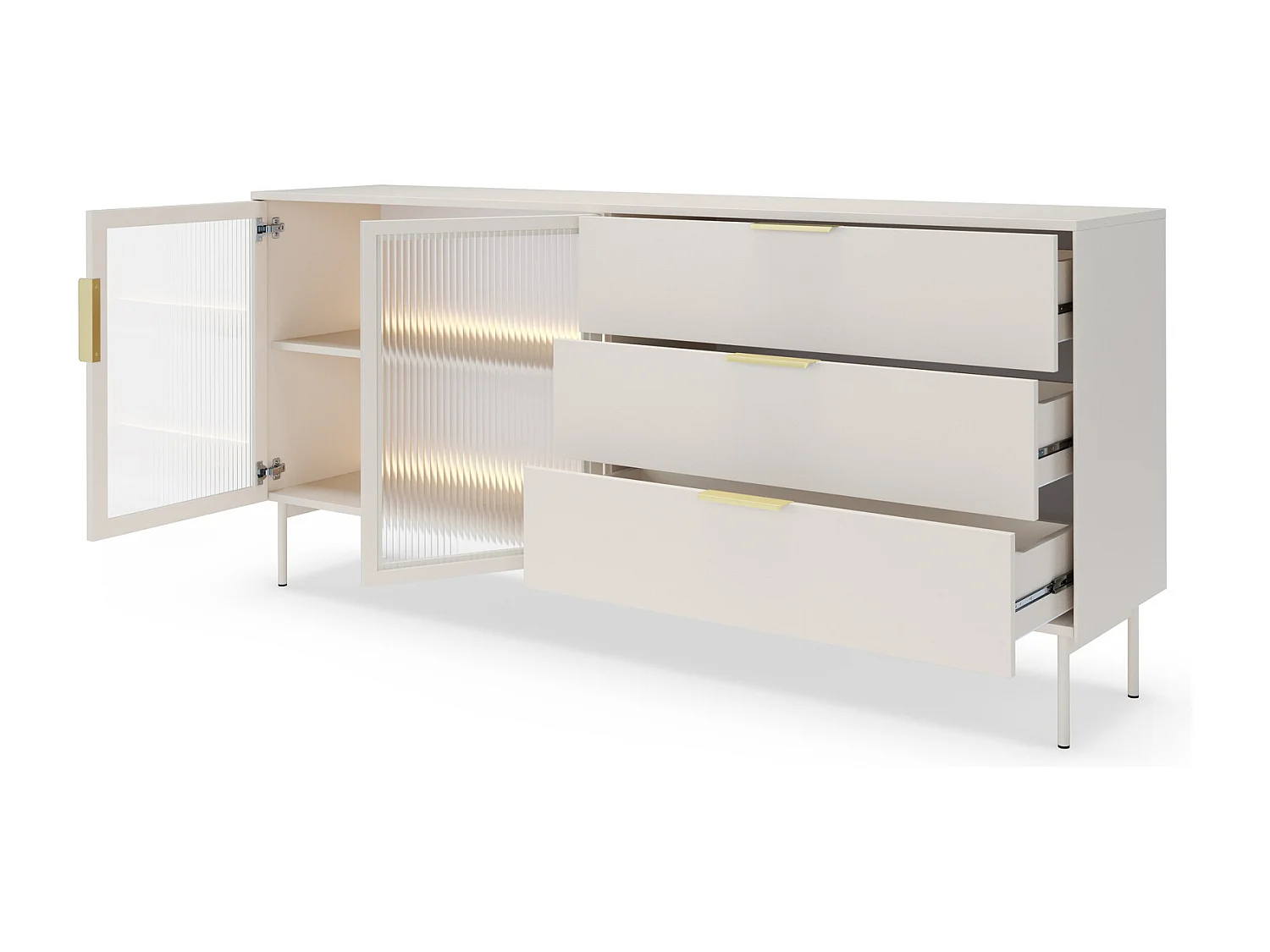 Commode 180 cm Senzia sur pieds - 3 tiroirs, 2 portes en verre, commode avec LED pour le salon - cachemire