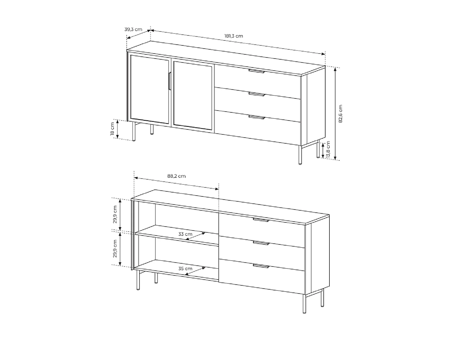 Commode 180 cm Senzia sur pieds - 3 tiroirs, 2 portes en verre, commode avec LED pour le salon - cachemire