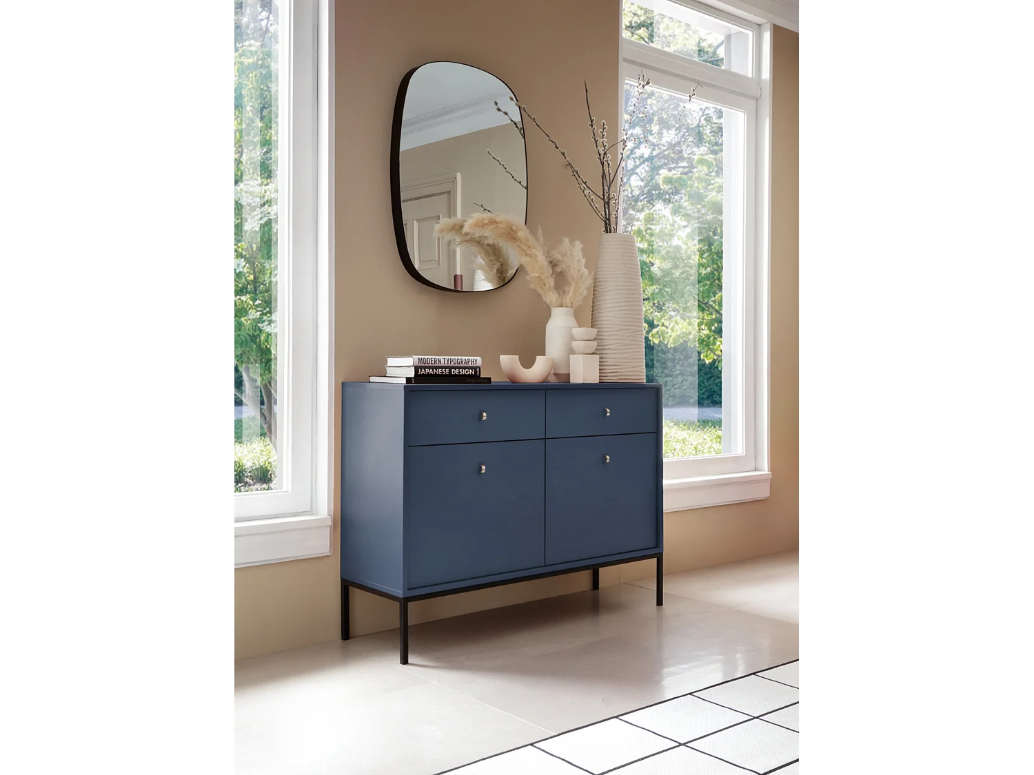 Commode met lades Monti op poten - 2 deuren, 100 cm, bleu marineblauw + zwart