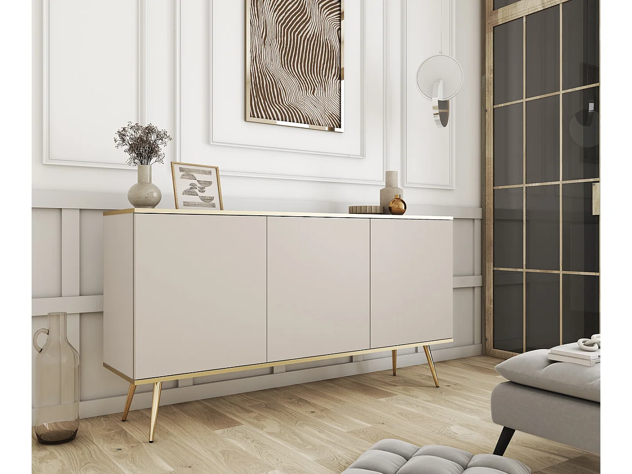 Commode trois portes Rodi 160 cm, pour le salon sur pieds - beige + or