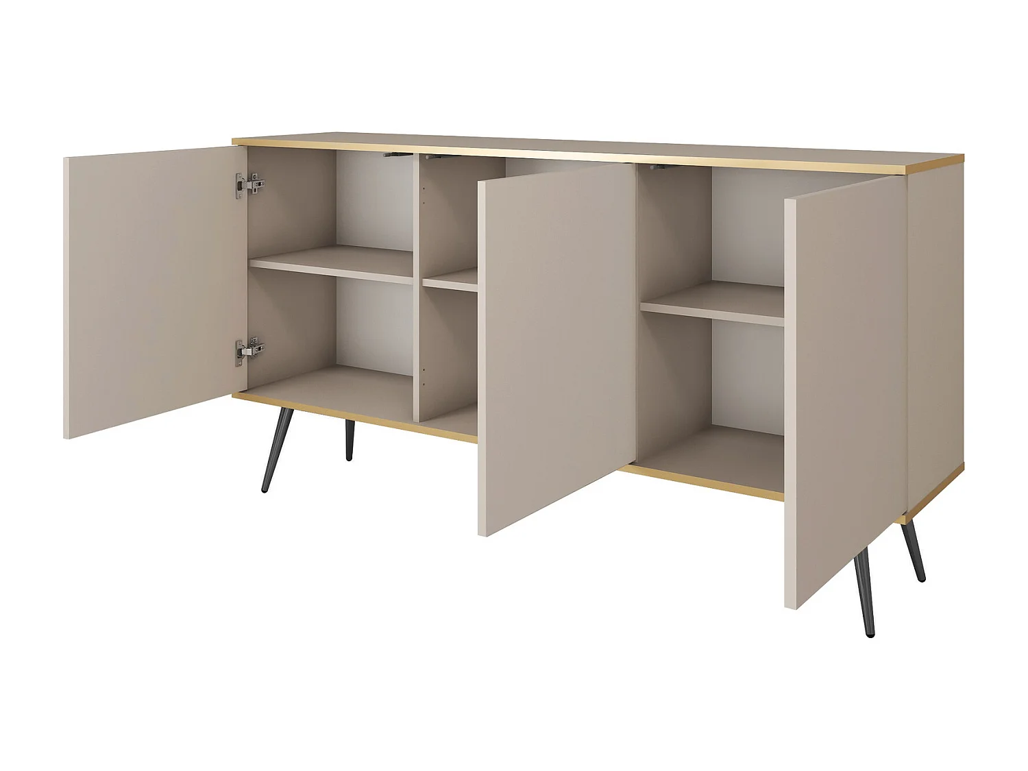 Commode trois portes Rodi 160 cm, pour le salon sur pieds - beige + or