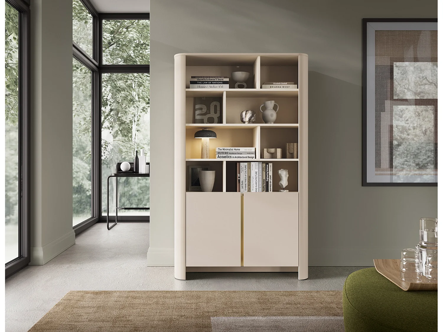 Bibliothèque avec étagères 100 cm Mezzano, 2 portes, meuble de bureau - cachemire