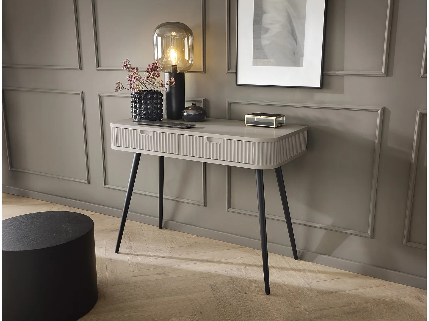 Kaptafel met lades Gerly - consoletafel 100 cm, geribbelde fronten, kasjmier + goud
