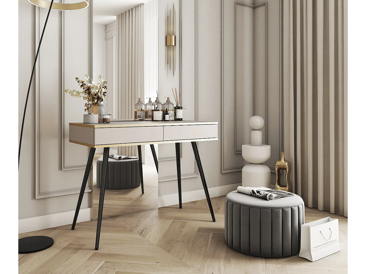 Coiffeuse 100 cm pour chambre Rodi, tiroir, détails dorés - beige + noir