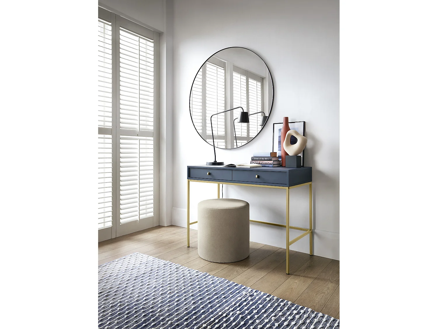 Kaptafel 100 cm Monti - twee lades, consoletafel, marineblauw + goud