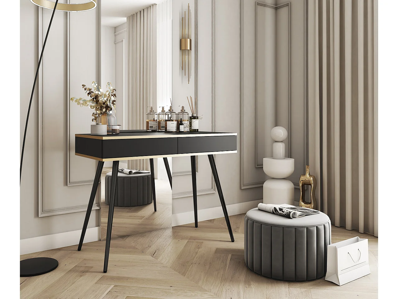 Coiffeuse 100 cm pour chambre Rodi, tiroir, détails dorés - noir