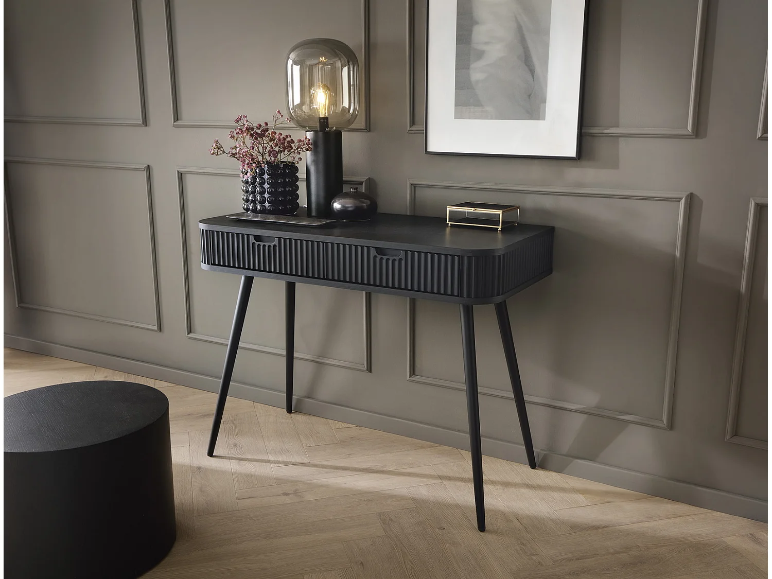 Kaptafel met lades Gerly - consoletafel 100 cm, geribbelde fronten, zwart
