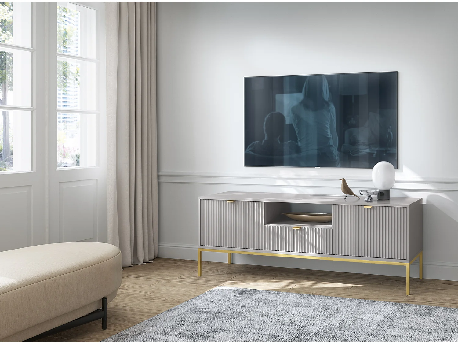 TV-meubel 150 cm Galla - tv-kast met lades, grijs + goud