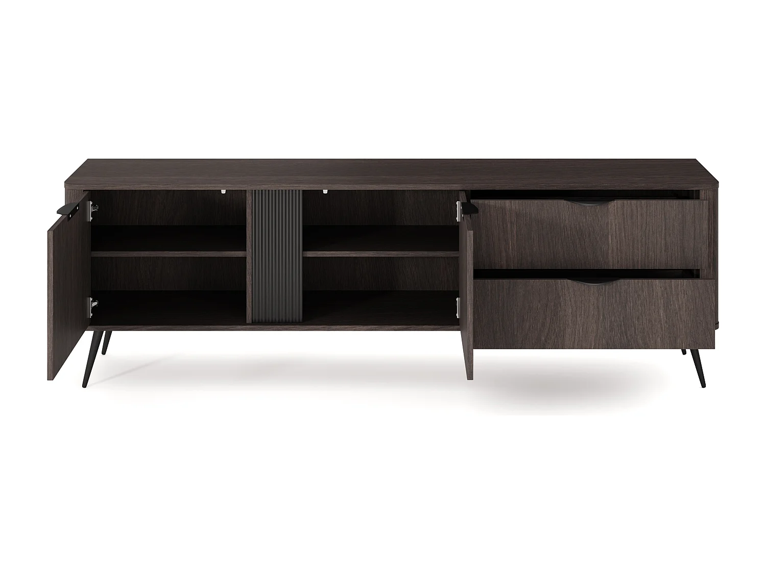 Meuble TV avec tiroirs Estera - 2 portes, bois foncé - large commode TV pour le salon sur pieds - chêne Dunin