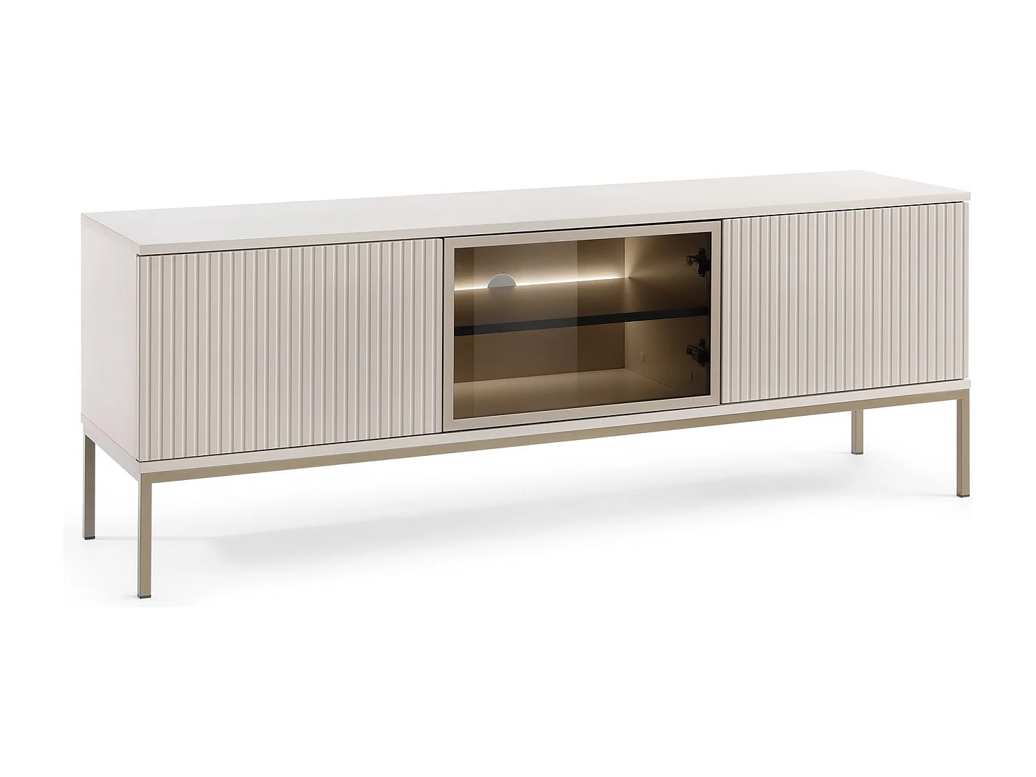 Meuble TV 150 cm Haller - Lamelles, Loft, Meuble TV avec éclairage LED, 3 Portes, Industriel, Cachemire