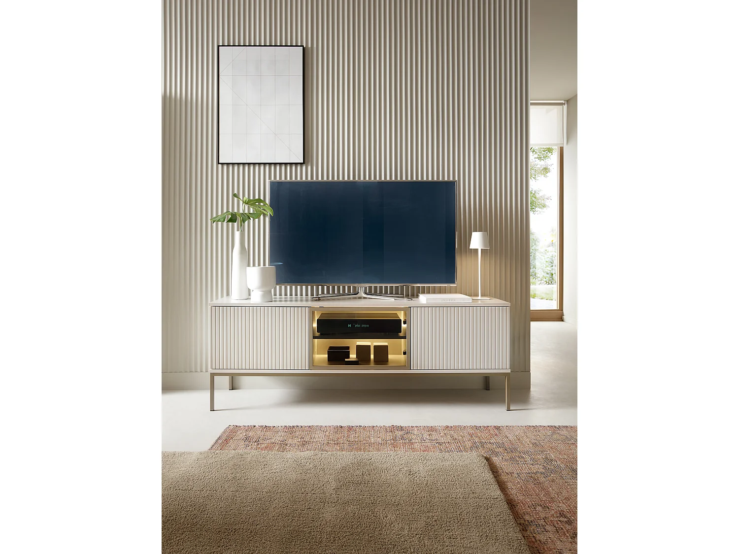Meuble TV 150 cm Haller - Lamelles, Loft, Meuble TV avec éclairage LED, 3 Portes, Industriel, Cachemire