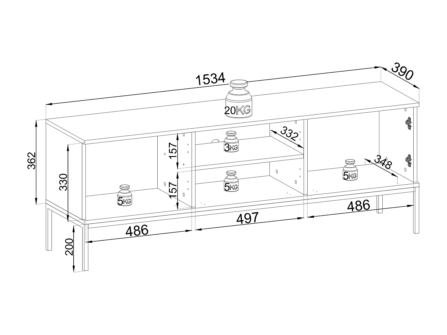 Meuble TV 150 cm Haller - Lamelles, Loft, Meuble TV avec éclairage LED, 3 Portes, Industriel, Cachemire