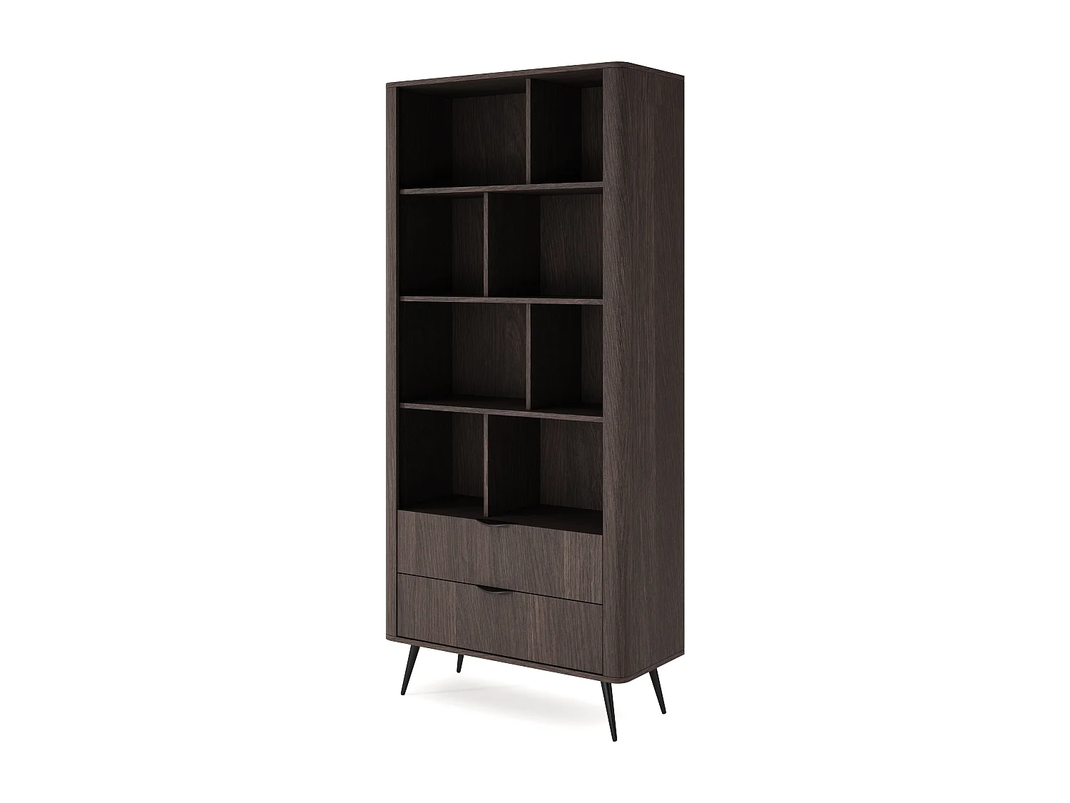 Étagère 90 cm Estera - tiroirs, pieds noirs - bibliothèque pour le salon, bois foncé - chêne Dunin