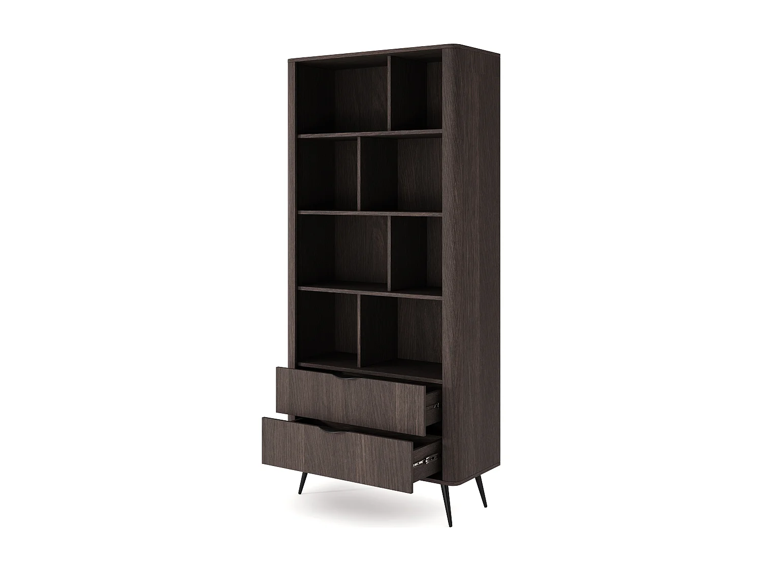 Étagère 90 cm Estera - tiroirs, pieds noirs - bibliothèque pour le salon, bois foncé - chêne Dunin