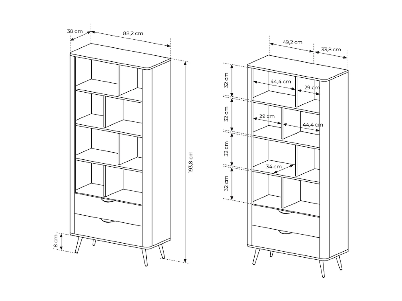 Étagère 90 cm Estera - tiroirs, pieds noirs - bibliothèque pour le salon, bois foncé - chêne Dunin