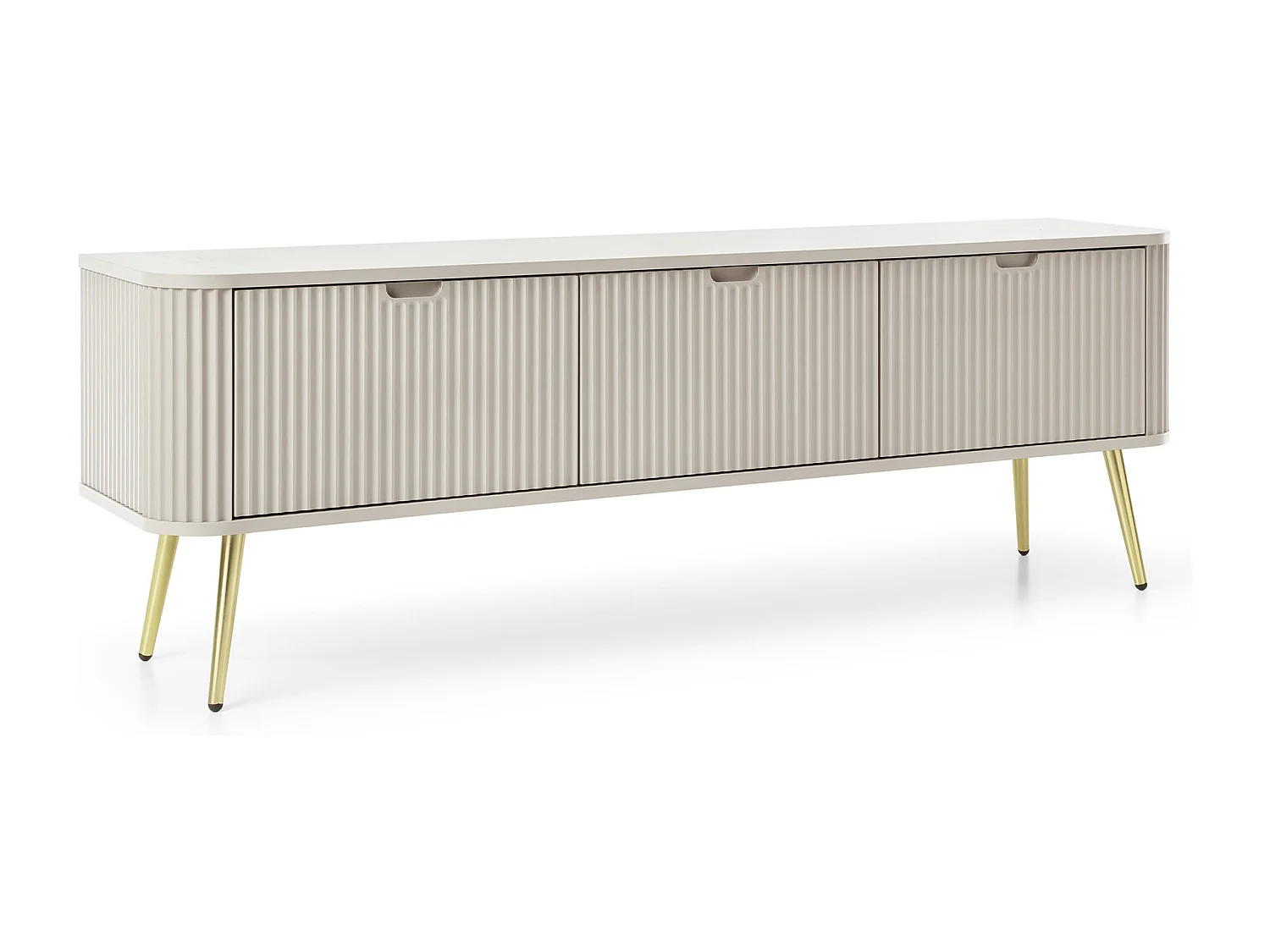 TV-Lowboard 170 cm Gerly - TV Schrank 3 Türen mit Rillenfronten, Metallbeinen - Beige + Gold