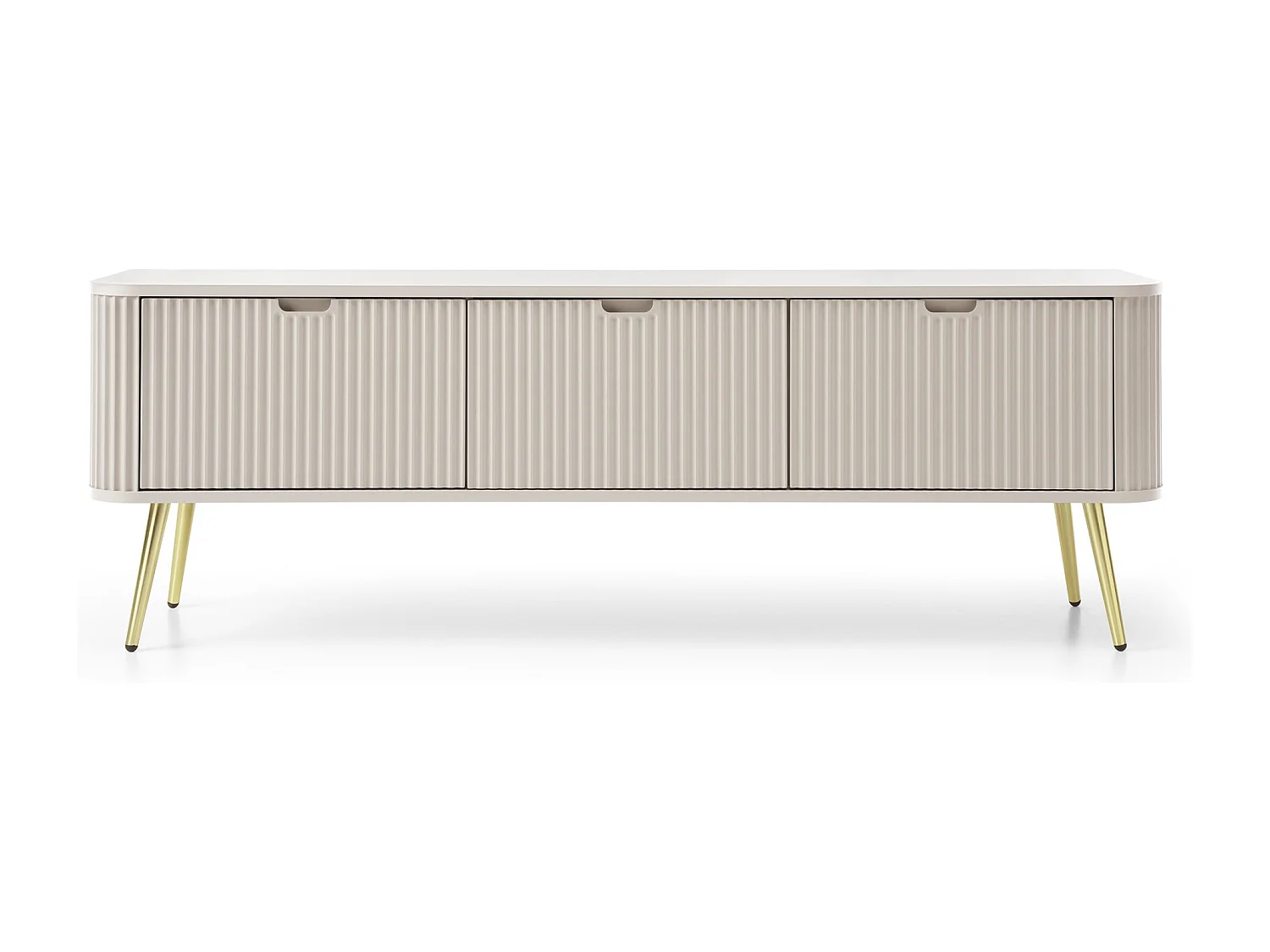 TV-Lowboard 170 cm Gerly - TV Schrank 3 Türen mit Rillenfronten, Metallbeinen - Beige + Gold