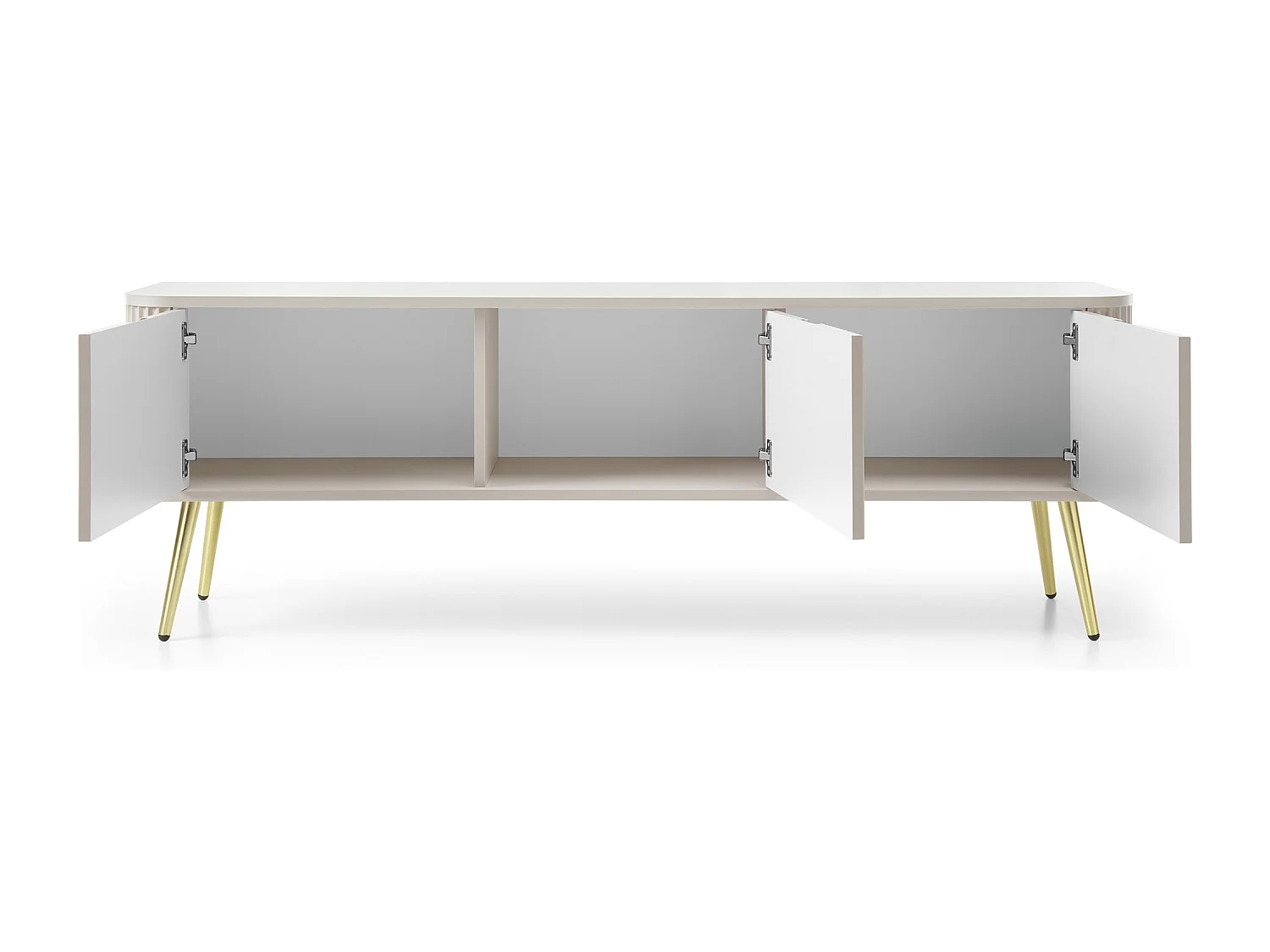TV-Lowboard 170 cm Gerly - TV Schrank 3 Türen mit Rillenfronten, Metallbeinen - Beige + Gold