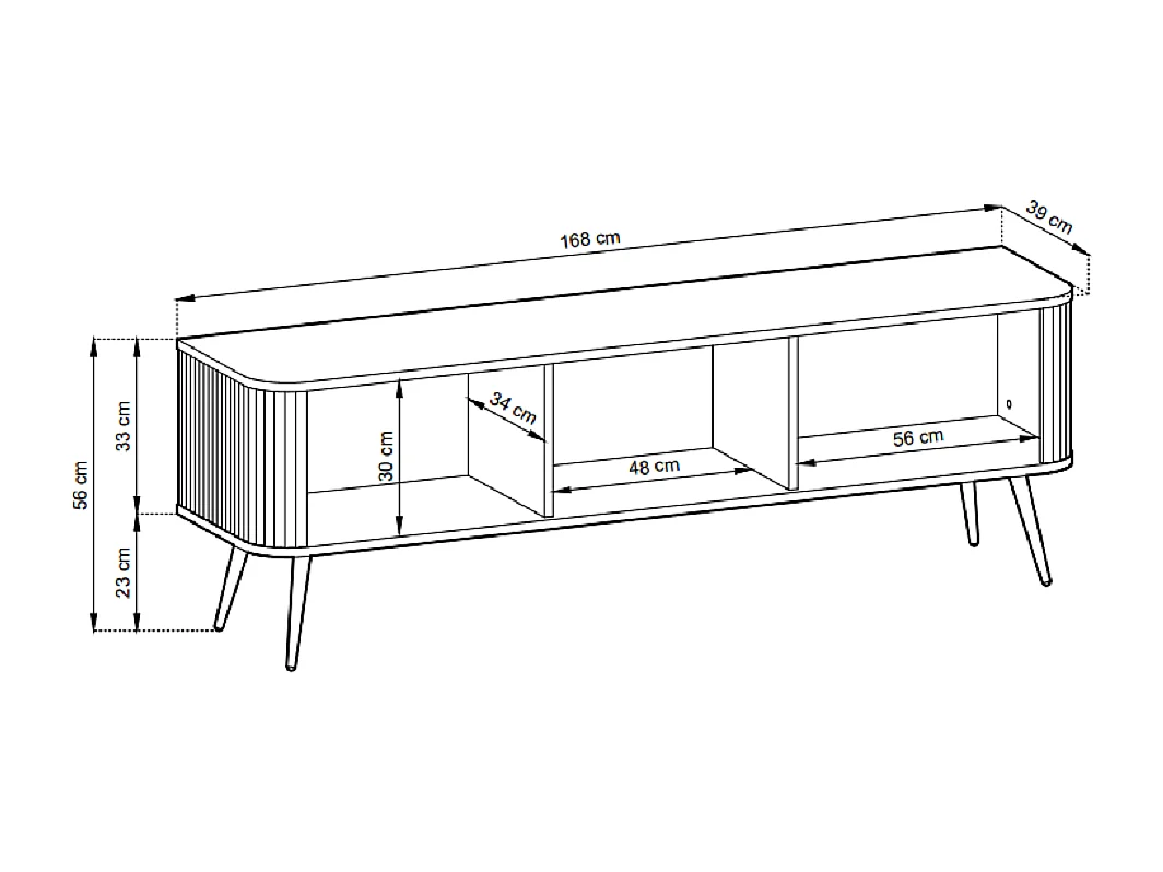 TV-Lowboard 170 cm Gerly - TV Schrank 3 Türen mit Rillenfronten, Metallbeinen - Beige + Gold