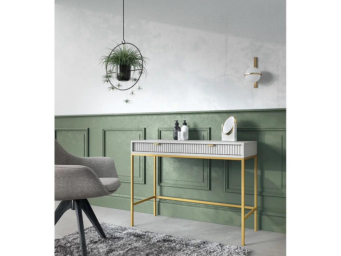 Table console 100 cm Galla - 2 tiroirs, console de chambre, Gris + Or