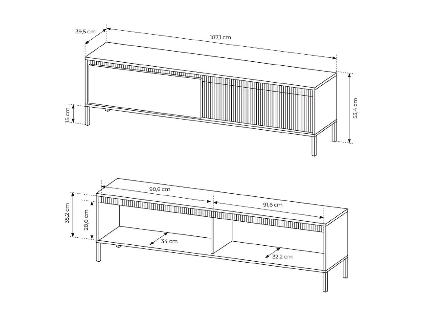 TV-Schrank auf Beinen Santori - 2 Türen, TV-Möbel 187 cm für das Wohnzimmer - Beige