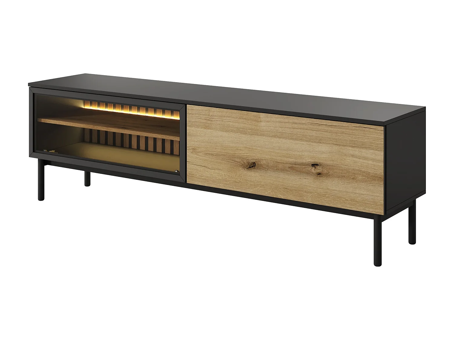 Meuble TV 180 cm Jotare - éclairage LED, pieds 20 cm - meuble TV 2 portes, chêne Evoke