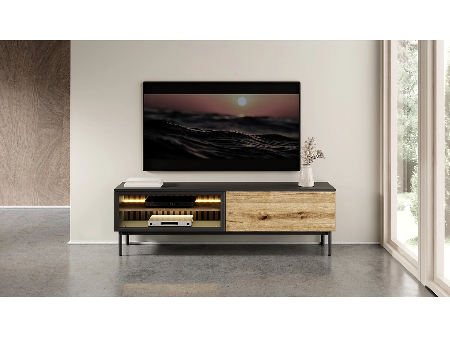 Meuble TV 180 cm Jotare - éclairage LED, pieds 20 cm - meuble TV 2 portes, chêne Evoke