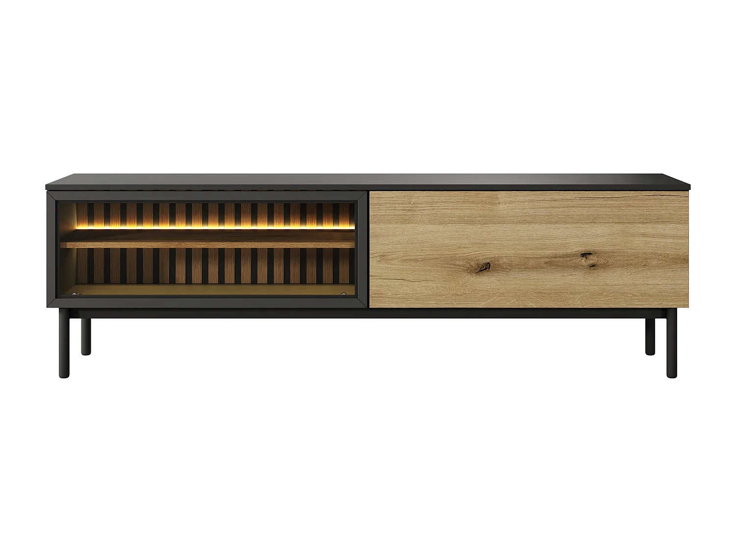 Meuble TV 180 cm Jotare - éclairage LED, pieds 20 cm - meuble TV 2 portes, chêne Evoke