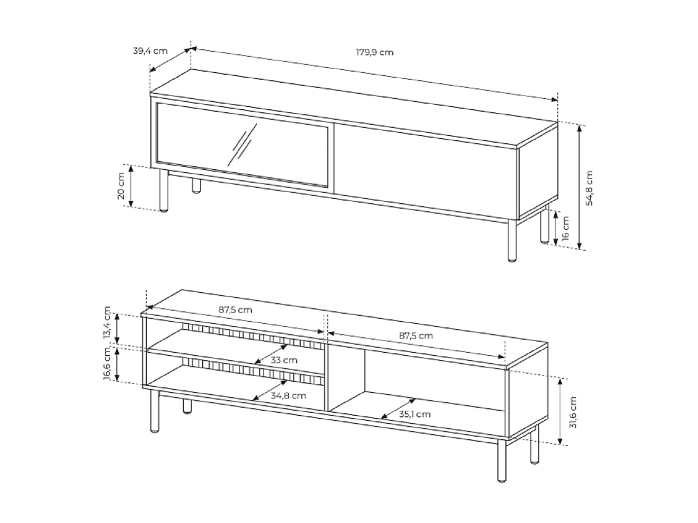 Meuble TV 180 cm Jotare - éclairage LED, pieds 20 cm - meuble TV 2 portes, chêne Evoke