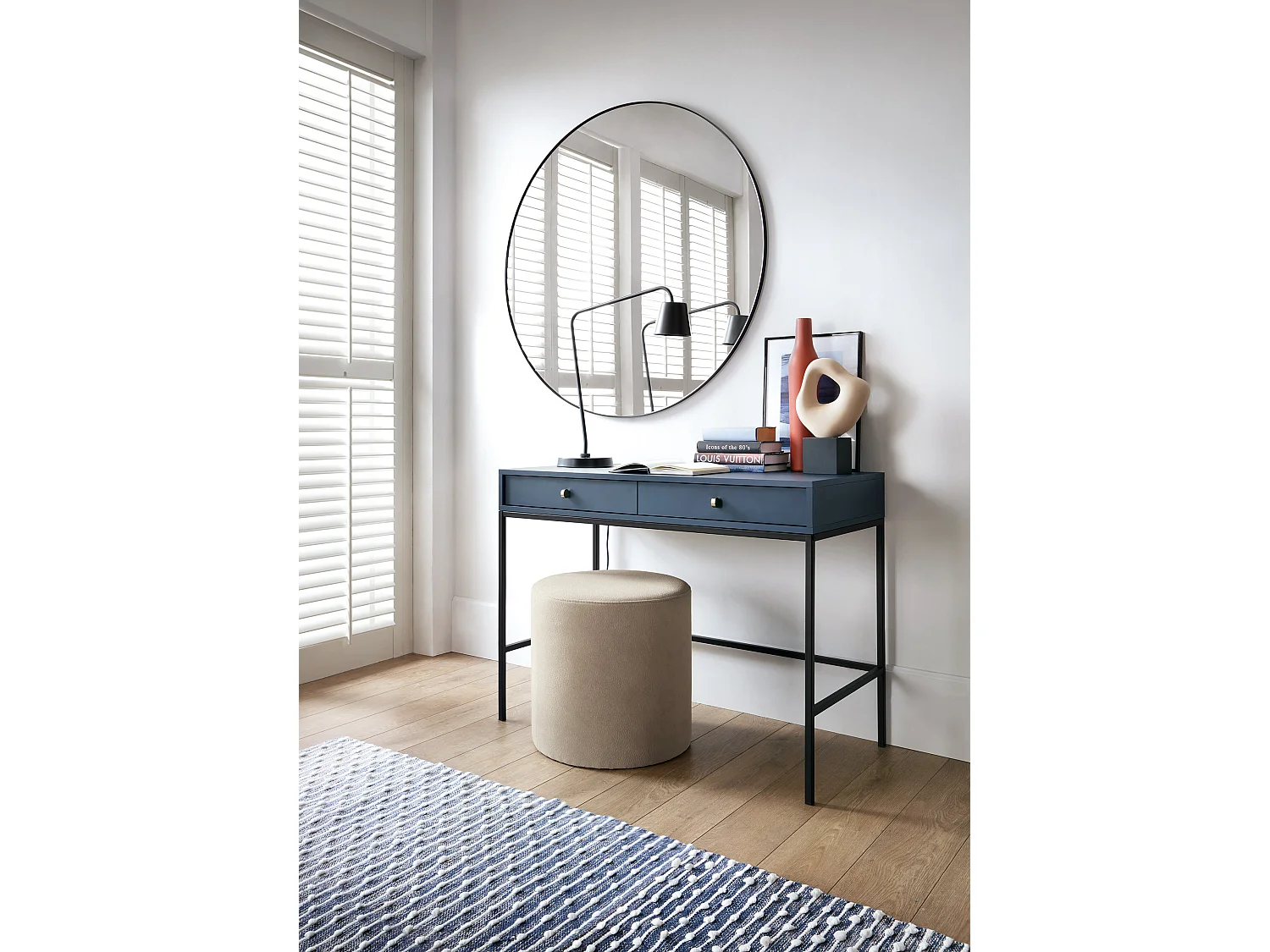 Table console 100 cm Monti - deux tiroirs, table console, bleu marine + noir
