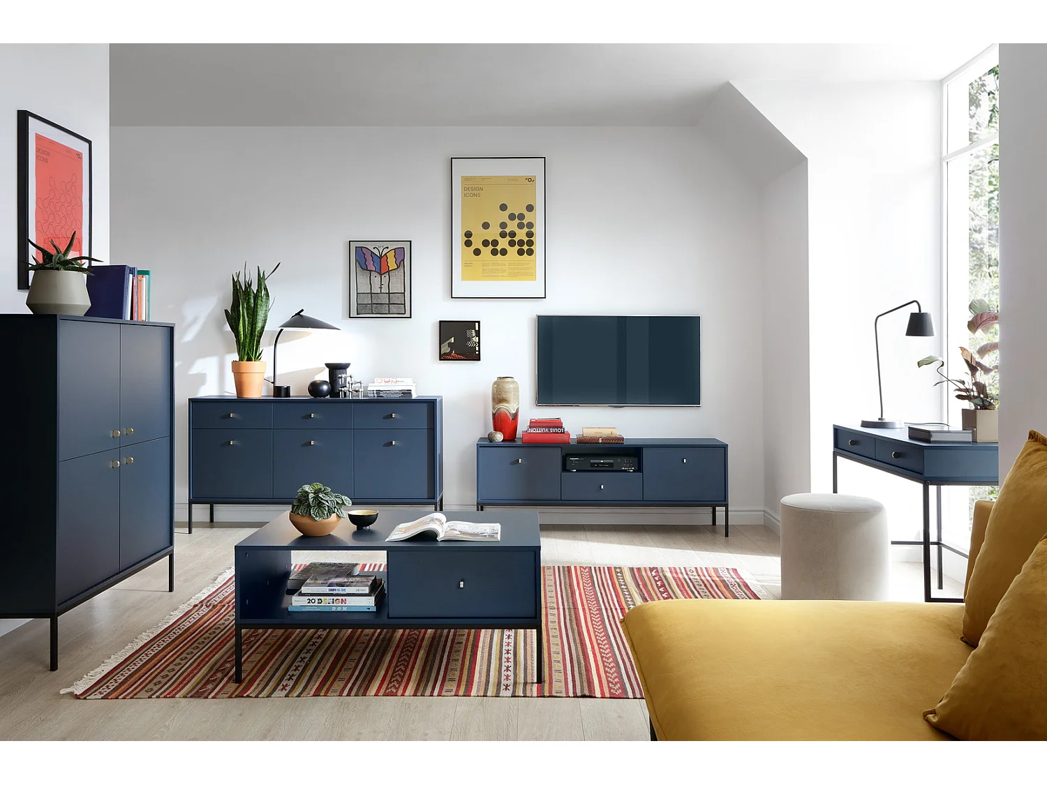 Table console 100 cm Monti - deux tiroirs, table console, bleu marine + noir