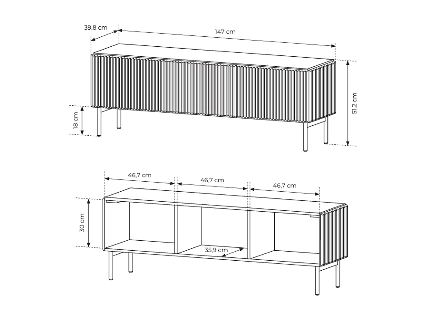 TV-meubel 147 cm Galiano op poten - 3 deuren, tv-kast voor de woonkamer - kasjmier