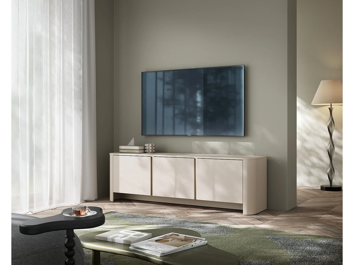 Szafka RTV 170 cm Mezzano, 3 drzwi, komoda RTV do salonu, kaszmir