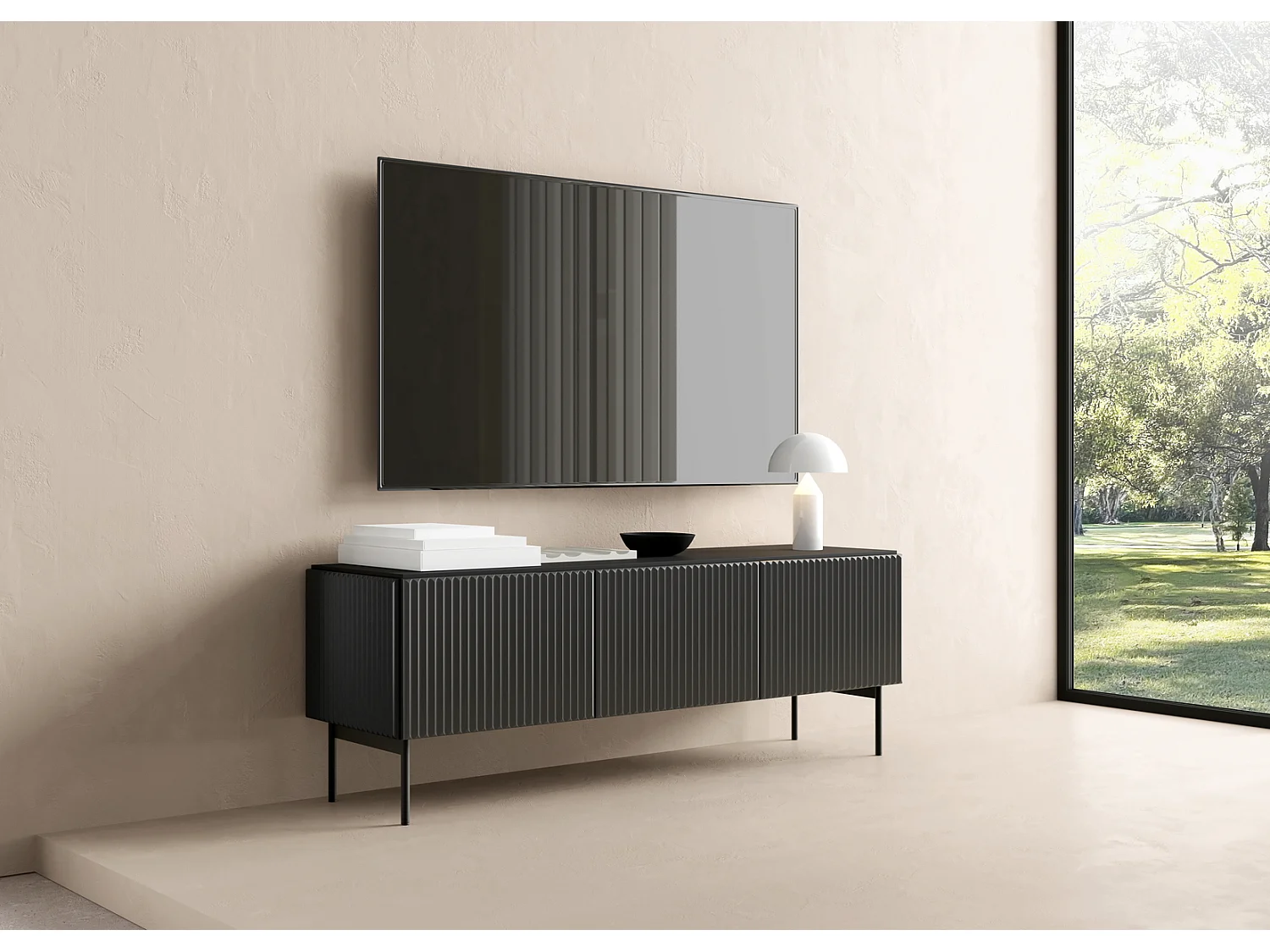 TV-meubel 147 cm Galiano op poten - 3 deuren, tv-kast voor de woonkamer - zwart