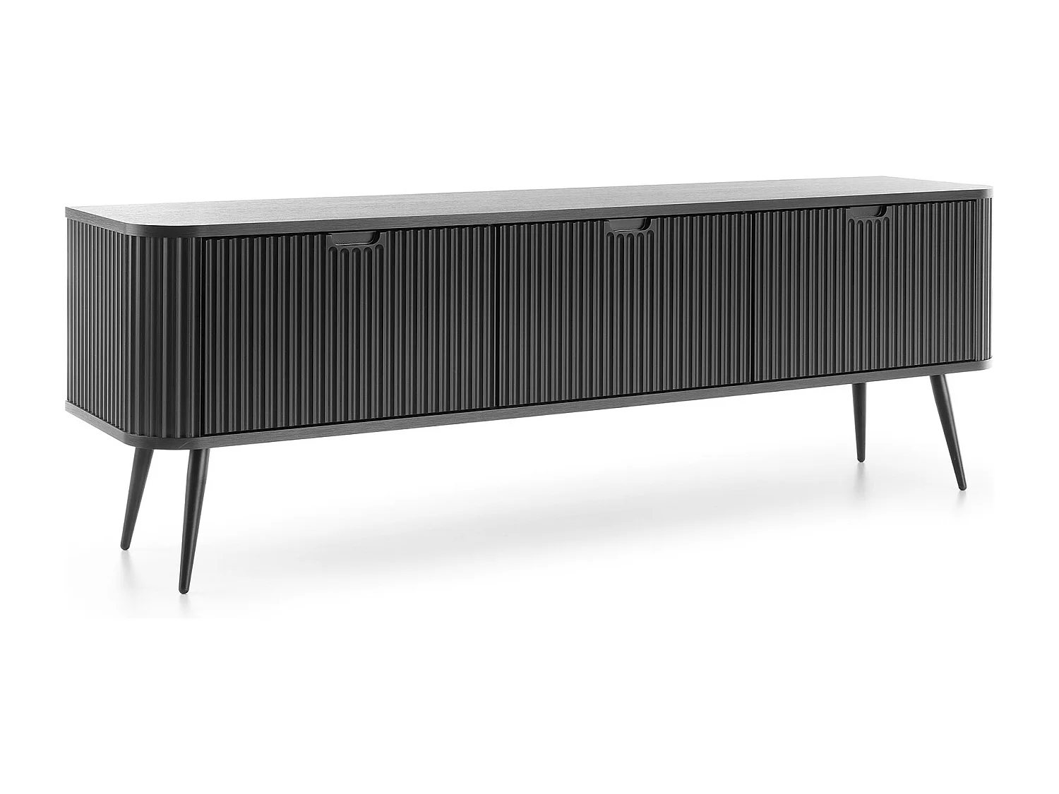 TV-lowboard 170 cm Gerly - tv-meubel met 3 deuren, geribbelde fronten, metalen poten - zwart