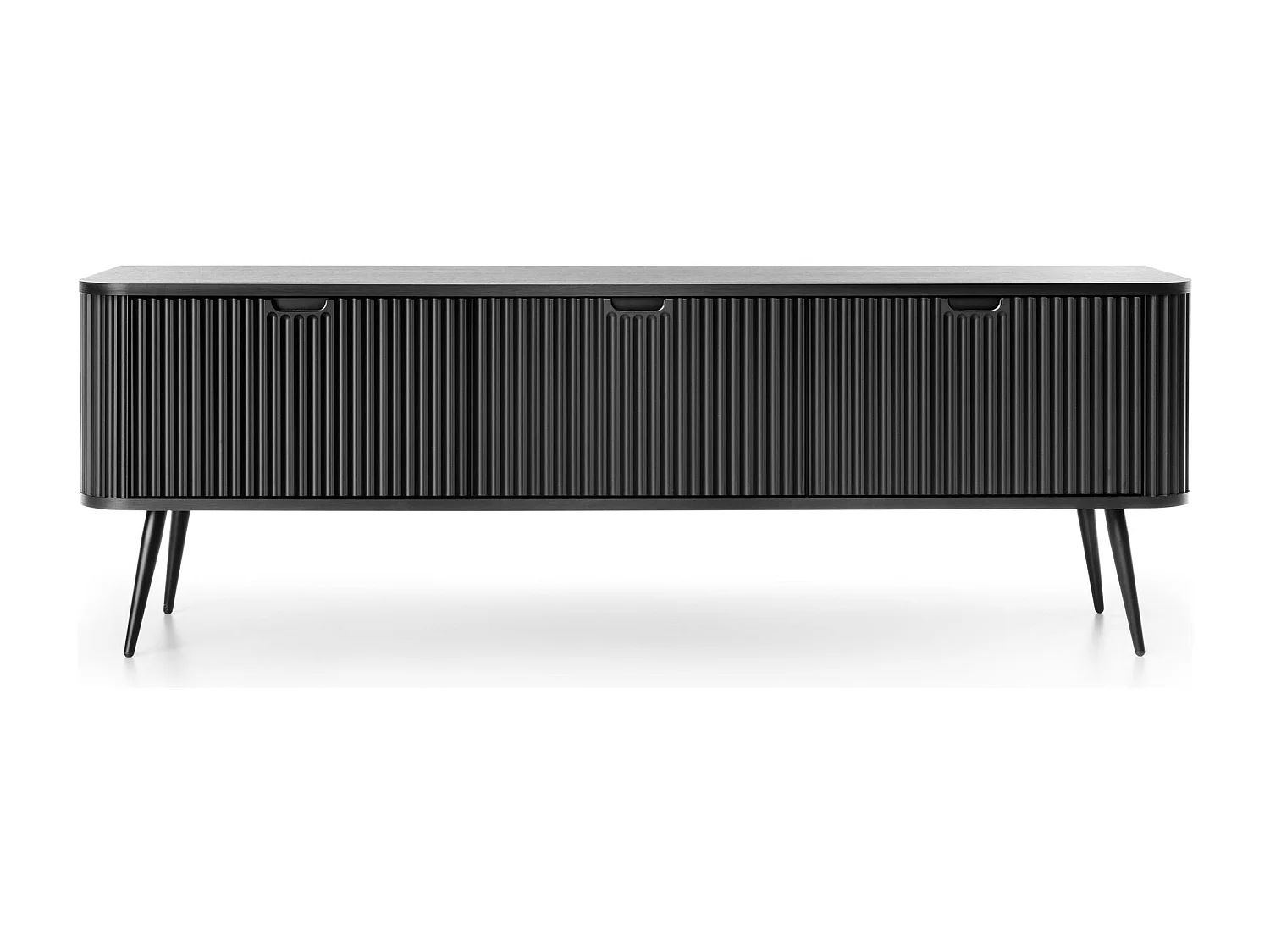 TV-lowboard 170 cm Gerly - tv-meubel met 3 deuren, geribbelde fronten, metalen poten - zwart