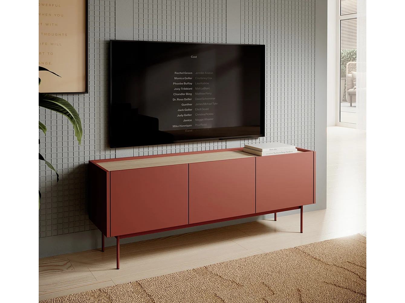 Meuble TV 3 portes Laris - meuble TV 100 cm, salon, sur pieds, rouge