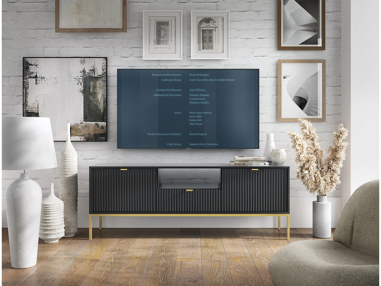 TV-meubel 150 cm Galla - tv-kast met lades, zwart + goud
