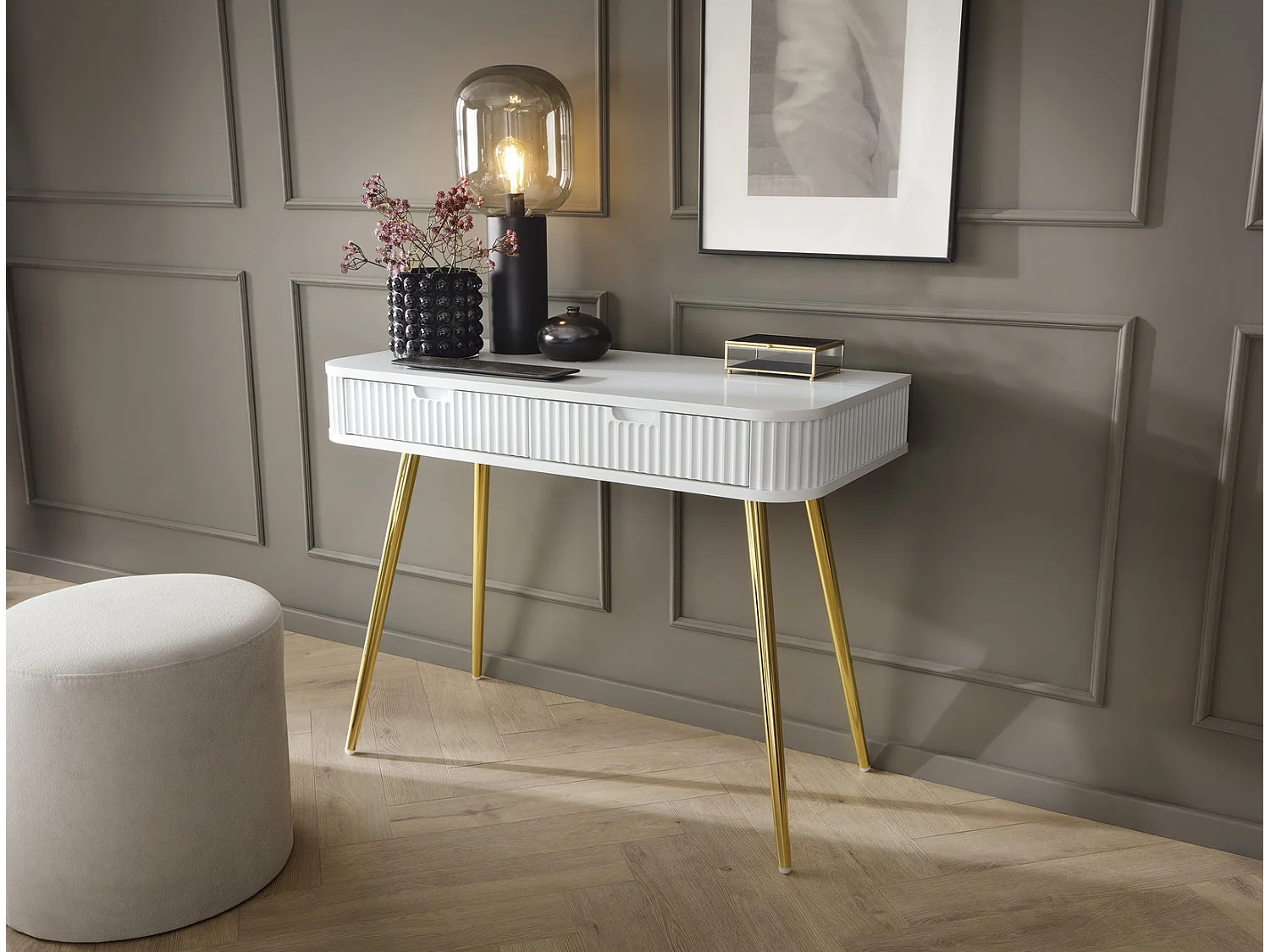 Table console avec tiroirs Gerly - console 100 cm, façades rainurées, blanc + or