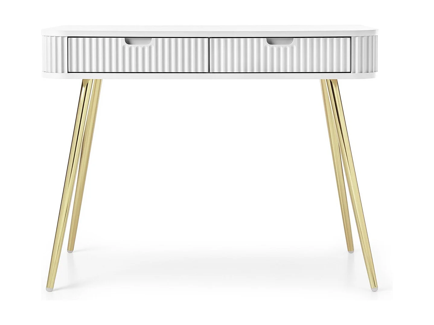 Table console avec tiroirs Gerly - console 100 cm, façades rainurées, blanc + or