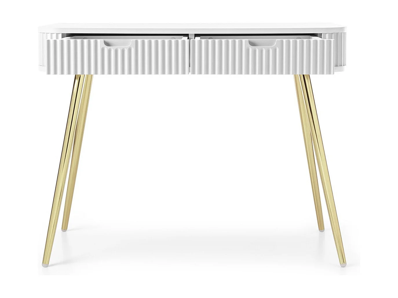 Table console avec tiroirs Gerly - console 100 cm, façades rainurées, blanc + or
