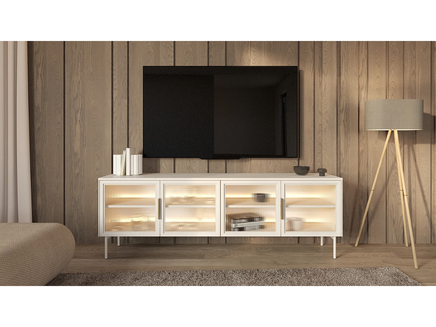 Meuble TV 180 cm Senzia avec LED - 4 portes en verre, pieds hauts 18 cm - cachemire